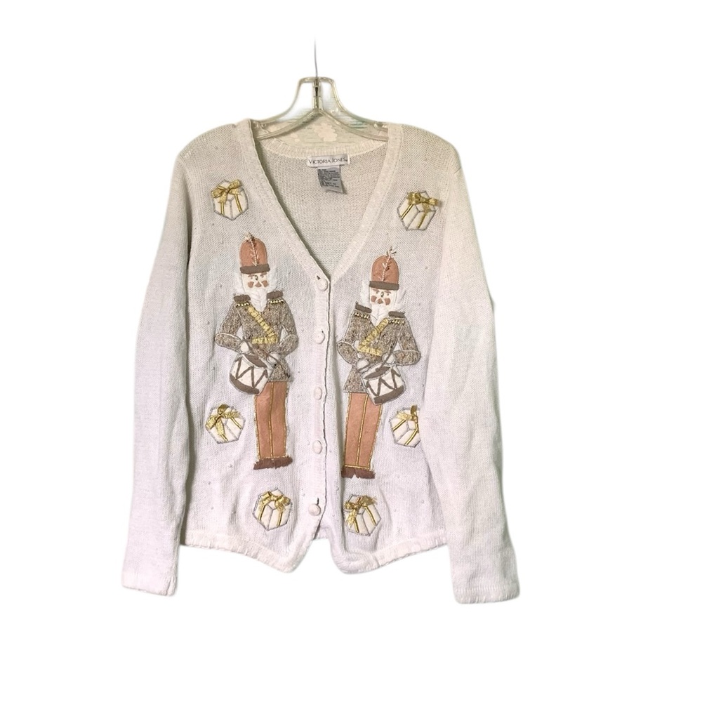 🌵Vintage Victoria Jones White Nutcracker White Knitted Cardigan Sweater M🌵